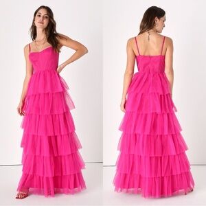 Size XL Lulus Rule the Runway Hot Pink Tulle Bustier Tiered Maxi Dress Prom Dres